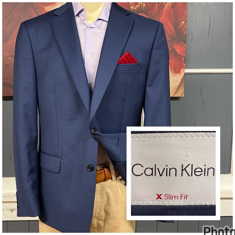 Calvin Klein Blazer Jacket Sport Coat Mens 46R Slim Fit Wool Stretch Navy Blue